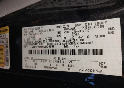 2021 Ford Ranger Lariat z USA, uszkodzony, nr VIN 1FTER1FH7MLD25358